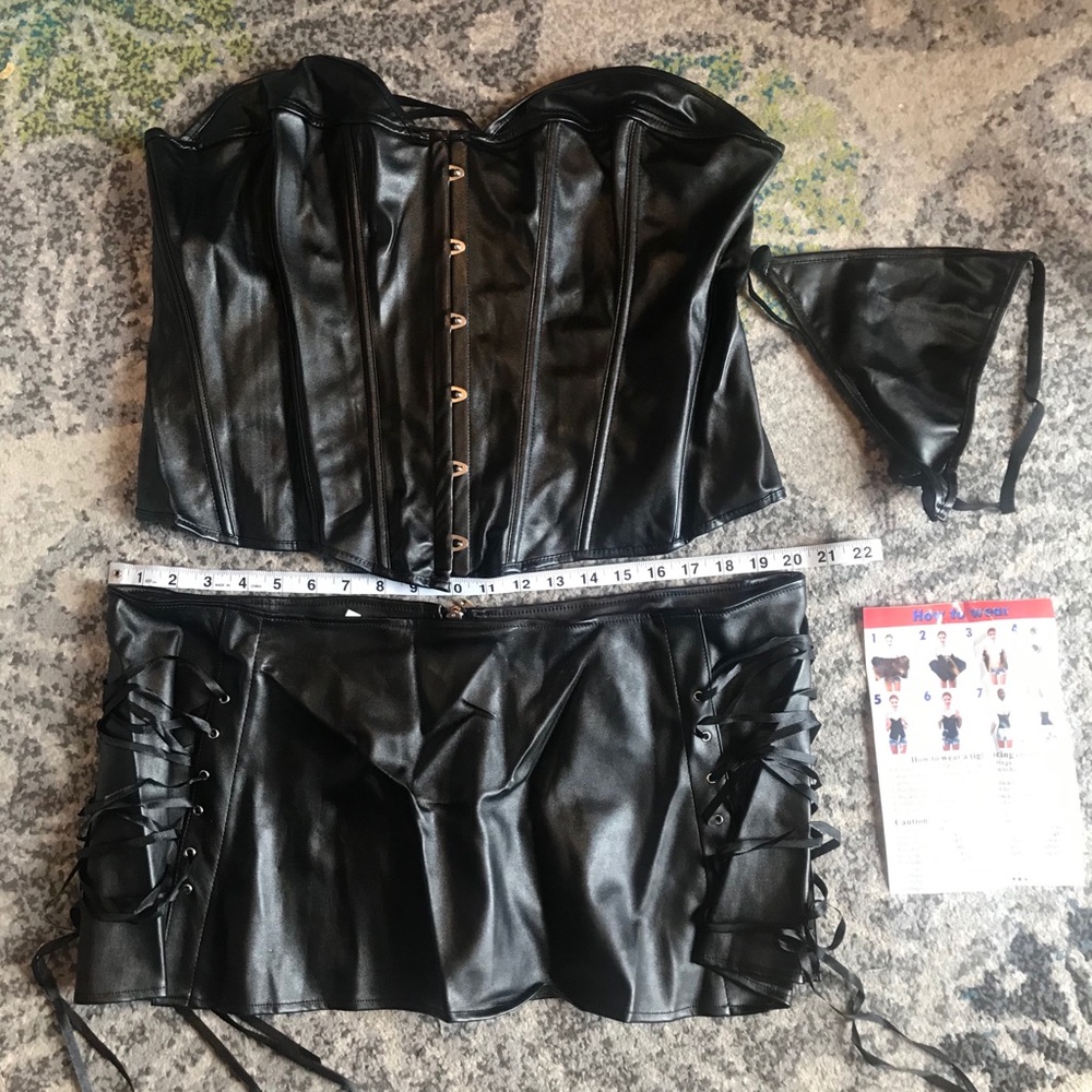 Black leather corset and skirt set
